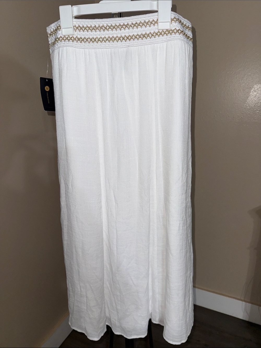 JM Collection White Maxi Skirt with Gold Embroidered Waist